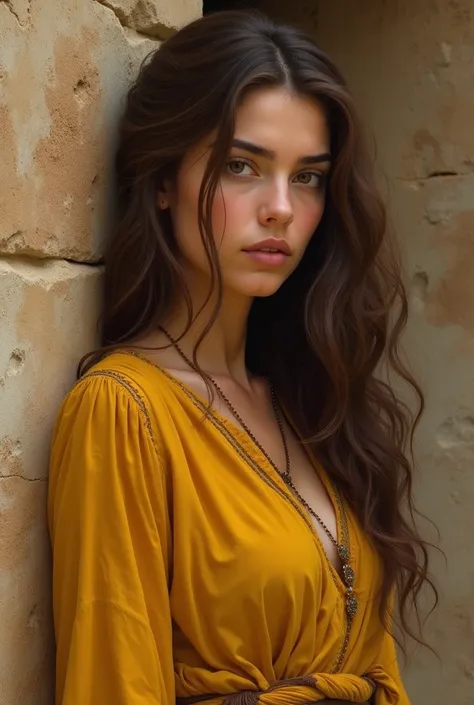  An Israelite woman born 4 ,000 years ago . she is young, linda, is 24 years old, There is wavy brown hair ,   black eyes ,  ancient yellow dress made of simple and modest fabric .