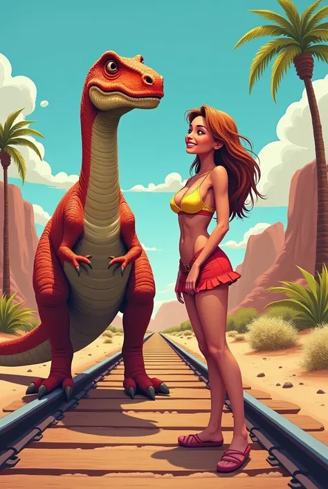 create a COLORFUL design for 1 lady, pretty, hot, short skirt, bra top , looking to a dinosaur, dinosaur neck bind to her , smiling, full body view, desert , palm trees, railroad in behind