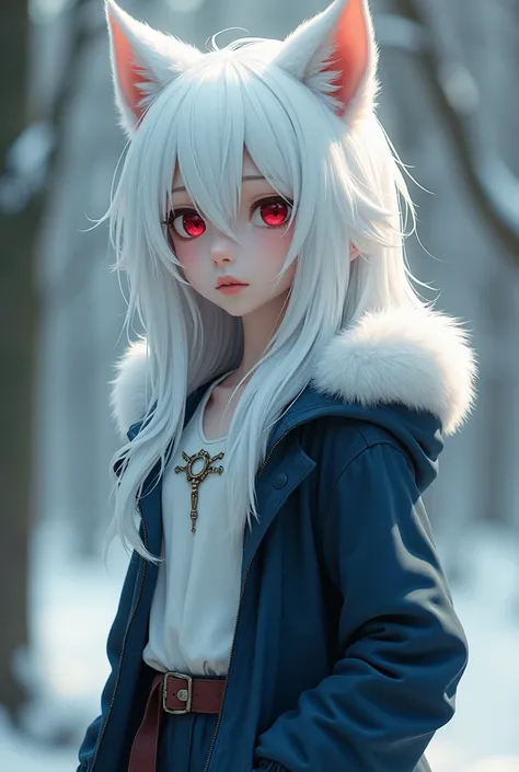 Create a white-haired teenager with white wolf ears and tail with a dark blue open jacket showing full body with red eyes with a white blouse 