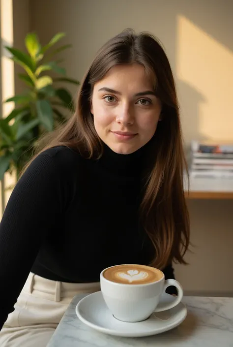 A young woman chubby with striking brunette long hair sits gracefully in a sunlit café, the golden hour light enhancing her warm complexion. She’s dressed in a black-colored turtleneck paired with high-waisted white trousers, radiating effortless sophistic...