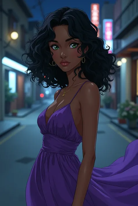 in Ayami Kojima anime style, a beautiful woman, standing on a street corner, at night, looking sad, in a purple dress, thick thighs, black curly hair, dark green eyes, brown skin, in 80s anime style, soft lighting, very detailed, wide shot