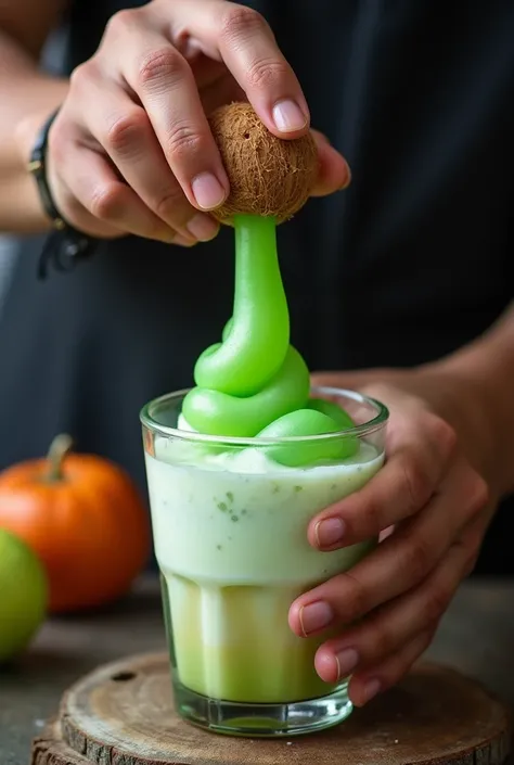 The seller of Ice dawet , Indonesia,  is taking the Ice Dawet from inside its brown self and then putting it in a glass glass (mixed in a glass  :  green dawet looks like a worm ,  and fed with coconut milk sauce and liquid palm sugar )