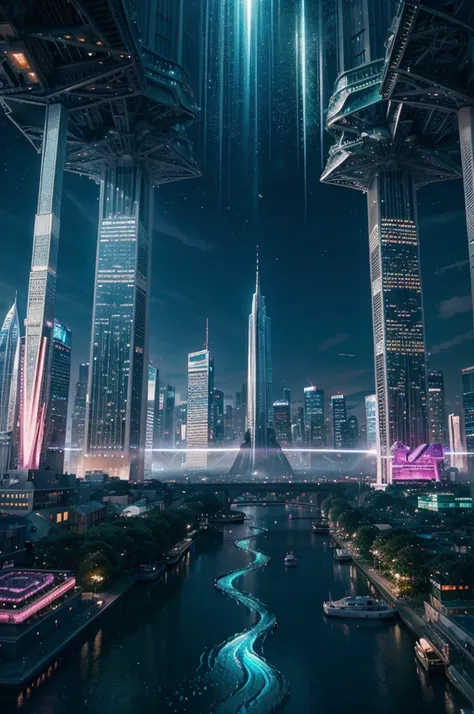 Amidst a mythopoeic cityscape, towering crystal spires rise, glistening with otherworldly luminescence. This anime image portrays a futuristic metropolis where enchanting floating gardens intermingle with sleek, ethereal skyscrapers. A digital art painting...