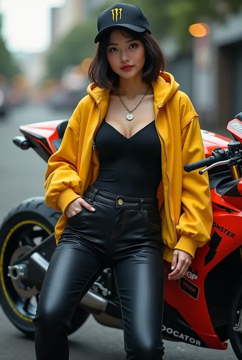  A full bodied Asian man ,  21 years old and a neatly haired chubby beauty wearing a sexy black dress with black MotoGP jeans standing next to a MotoGP motorcycle racing wearing a yellow hoodie jacket, basketball cap ,  monster gift  "Logo" 