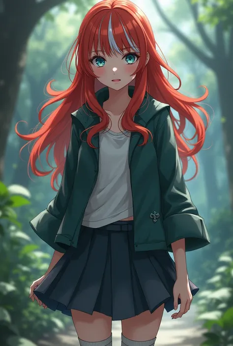 Mai Shippuden .  Firecolored red hair with two white locks highlighted on the front light blue-green eyes beautiful girl ( FOURTEEN YEARS ) feiticeira Wicca universo de Naruto estrutura física e corporal de  de FOURTEEN YEARS. jacket,  socks ¾ and skirt .