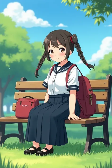 A fat girl with two braided hair wearing a sailor school uniform with long skirt with maryjane shoes with a Prada bagpack and a matching lunch box sitting by the bench on the field 