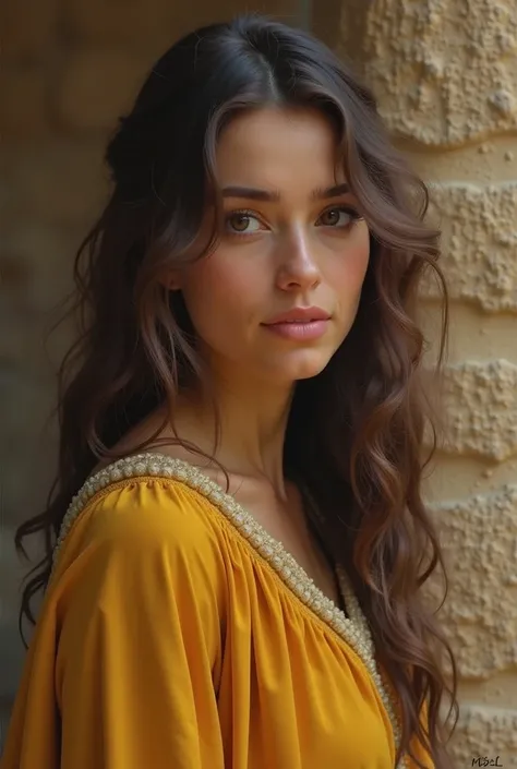  An Israelite woman born 4 ,000 years ago . she is young, linda, is 24 years old, There is wavy brown hair ,   black eyes ,  ancient yellow dress made of simple and modest fabric .