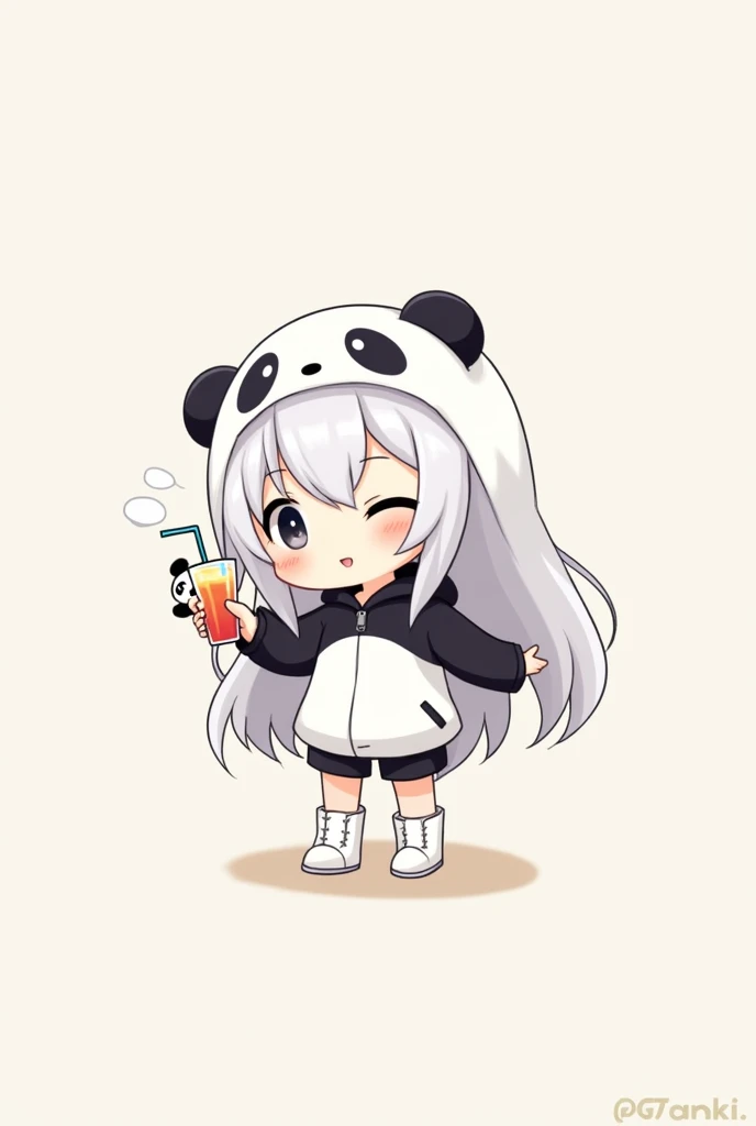 Cute chibi character design with long white hair, wearing a white-and-black panda-themed hoodie with panda ears on it. Character holding drink with straw, wearing black shorts and white boots. The design style is cute and minimalist, with details like the ...