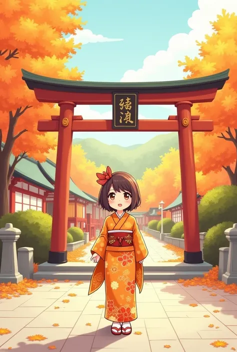 秋の紅葉が美しい神社で、[オレンジと金色の着物]をまとった[明るい笑顔のかわいい女]が賽銭箱の前で祈りを捧げている。塗り絵として、シンプルライン、グレースケールなし、シェーディングなし、可愛い、簡単なライン,背景もクリア、