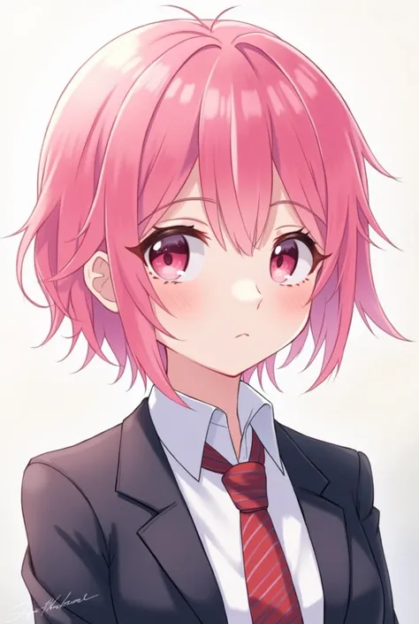  image of an anime character with pink hair and androgynous appearance, school uniform 