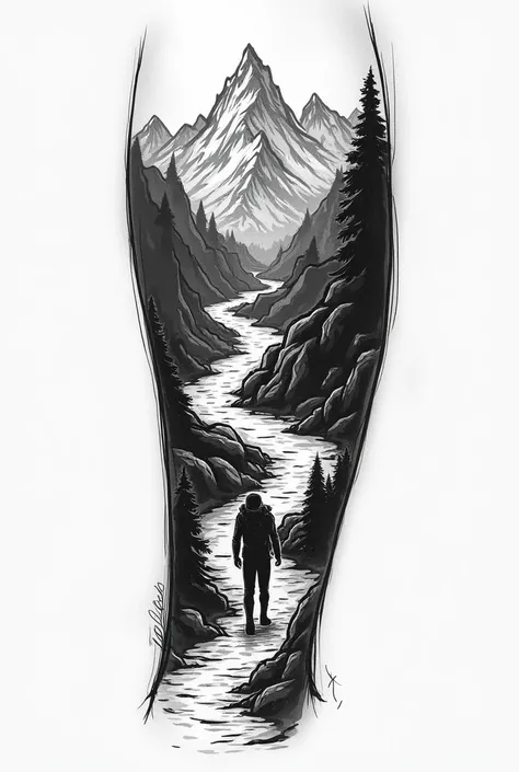   Mountain Sketch Style Tattoo , road, Landscape with Rivers , rough lines , black ink,  Man Heading Towards the Mountains, movement, placement on forearm .