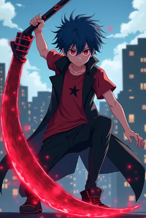 Use the previous image to create this.Draw anime-style a 17-year-old boy with a serious expression has wild blue hair and red eyes wearing a dress made up of a red t-shirt with a star on his chest and a long sleeve black trench coat that reaches his knees....