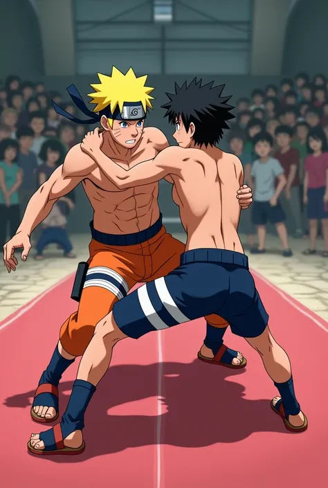 naruto (s ) wearing orange shorts with a black line  ,    shirtless  , barefoot , fighting against Sasuke  (s )  wearing blue shorts with blue white lines ,  shirtless  ,barefoot ,at a grappling tournament  ,on a red mat  , (Sasuke is on Naruto ,  and hold...