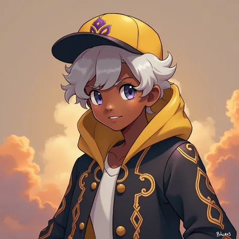 In pokemon style, A dark skinned boy, short curly hair, with a black coat with gold and purple details,