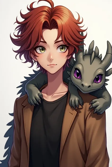  Slim male teenager with reddish brown hair with curly , heart-shaped front locks , white-eyed ,  pale skin with a gray dragon with purple eyes on his shoulders.  Dressed in a black shirt and brown jacket .  animated