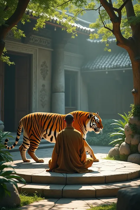 majestic tiger prowls through the monastery gardens, observing a meditating monk sitting cross-legged on a stone platform. The monk radiates calm energy, and the tiger seems drawn to the tranquility, circling him silently.