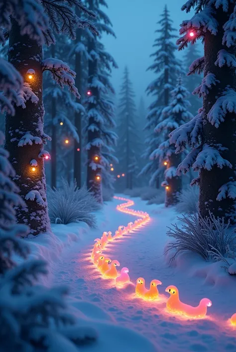  A serene nighttime scene of a snowy forest pathway, illuminated by colorful lights from the surrounding evergreen trees, creating a festive atmosphere. Glow worm. Lighting worm.