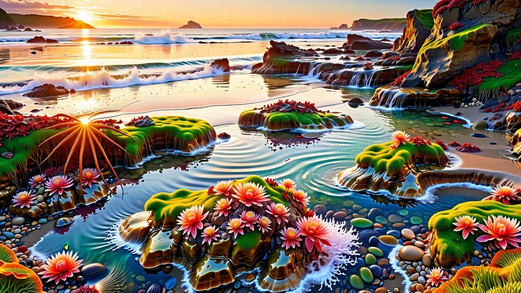 A Masterpiece In 32K Resolution, Supreme Quality, Super Detail, Official Art, Very High-Resolution 32K Wallpaper, Beautiful And Aesthetic, Ultra-Detailed Features, Awe-Inspiring Detail. An Intricate 32K Scene Of Tide Pools Along A Rugged Coastline At Sunri...