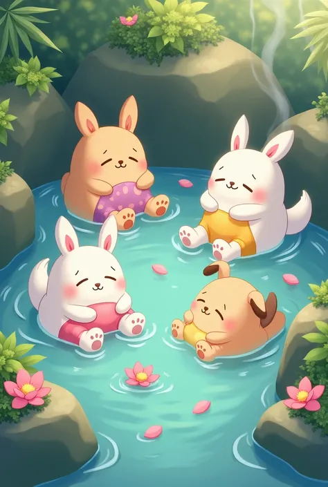 Kawaii anime animals wearing underwear and bathing at the hot spring