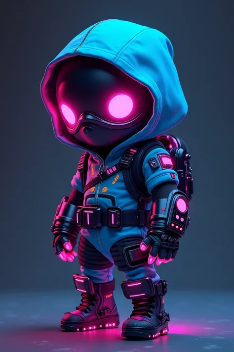 chibi-style futuristic characters with unique designs. This character wears a bright blue hoodie with bright neon pink accents. Her face is covered by a black mask with circle-shaped eyes glowing pink, creating a mysterious and modern impression. The costu...