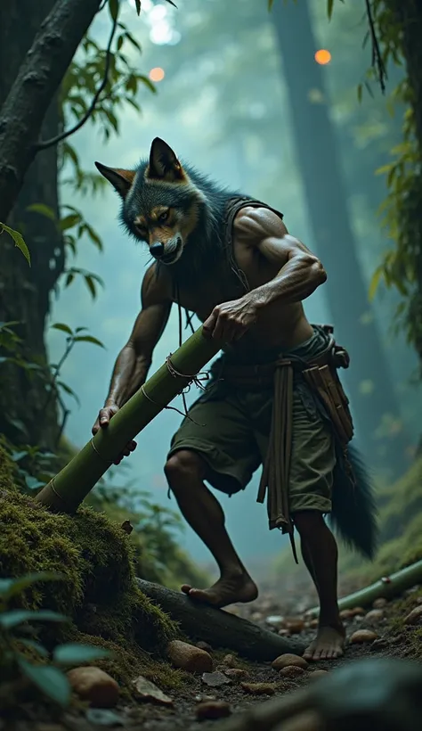 Depict a scene of the wolf captain on a dangerous, mysterious island, breaking large bamboo stalks or thick branches in desperation. His tattered uniform clings to his body, showing signs of wear and tear from his struggle. His expression is determined but...