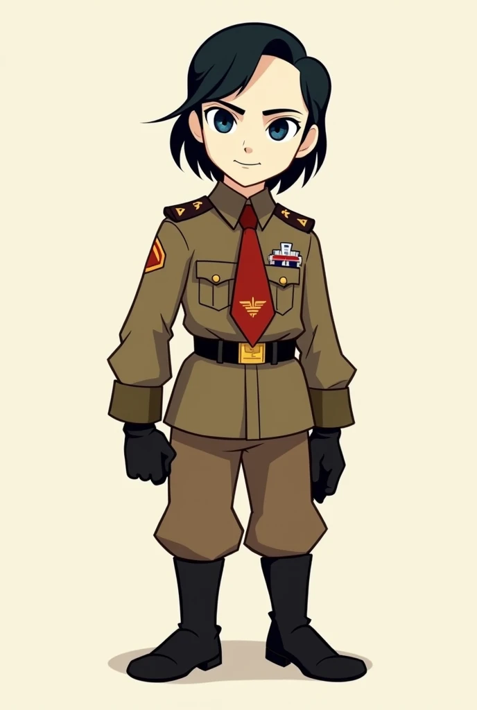 a pale man with blue eyes and shoulder-length black hair with a single fringe in the center of his head while half of his hair is tied in a ponytail wearing a brown military uniform with a red tie at the collar, brown military pants, black boots and black ...