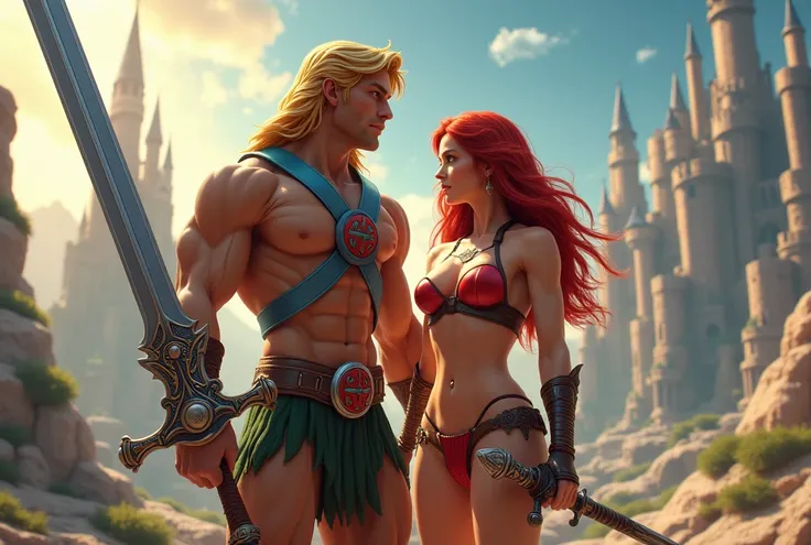 depth of field, photorealistic, 4k, high detailed , 2 full body people in frame ( a man and woman, in focus), he-man, (detailed handsome face and wavy blonde hair, large thick muscles, strong jaw, defined eyes, defined mouth, defined nose, strong muscular ...