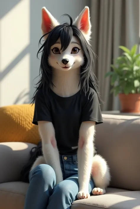   Illustration in high definition 3d hyperrealistic of a beatiful humanoid female white dog ,   she has long black hair in a shaggy cut with side bangs ,  tiene hocico fino y patas con garras, she is beautiful and wears black t-shirt and denim pants  ,  is...