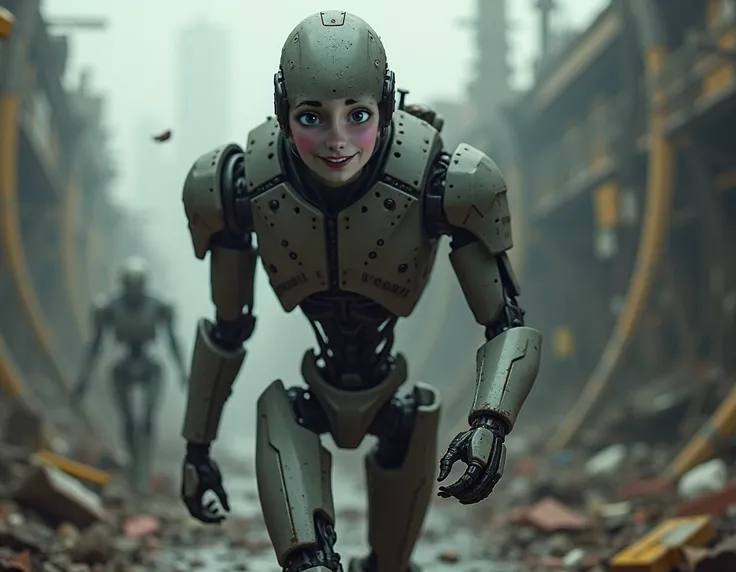  The human face shown in the characters reference photo shows a robot wearing a mask escaping the robot waste site with a determined expression. Its walking out in earnest .