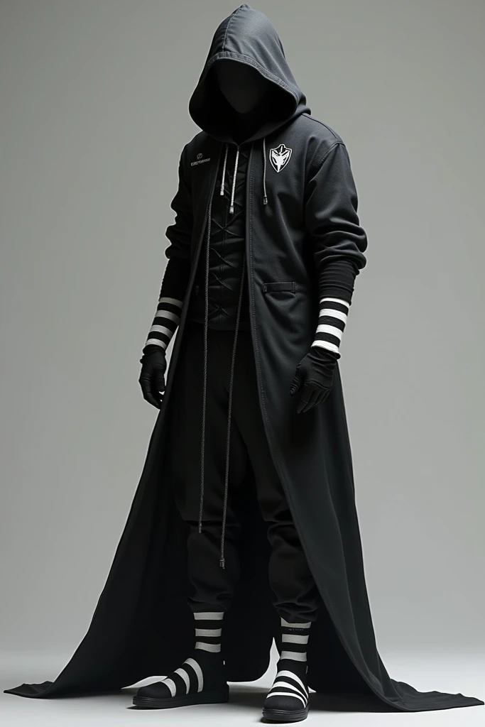 Clothing in the shape of a demon hunter in black color with a white hood behind it on the ankles, white part with stripes and on the left side a Demon Hunter logo
The clothing cut 
