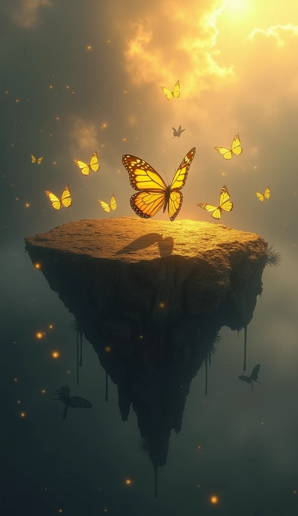  Island in the Sky 々shines gold 、 Butterflies of light fly between them, but 、 black fog overflows from the islands shadows、 butterfly wings gradually turn dark 