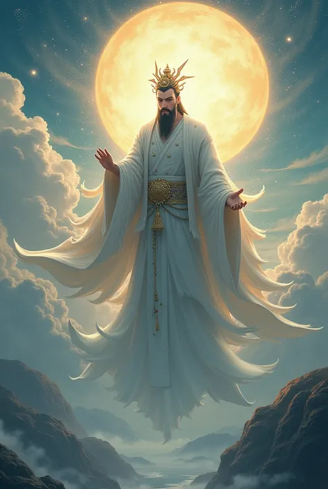 A Taoist Tenjin ， sits majestically in the sky， tall ，Sacred and solemn ，Radiant，