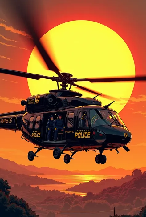 " An illustration in style From comics showing a Federal Police helicopter spinning dramatically in the air in front of a gigantic setting Sun on the horizon.  The helicopter is black with details in yellow ,  with the inscriptions Federal Police and HUNTE...