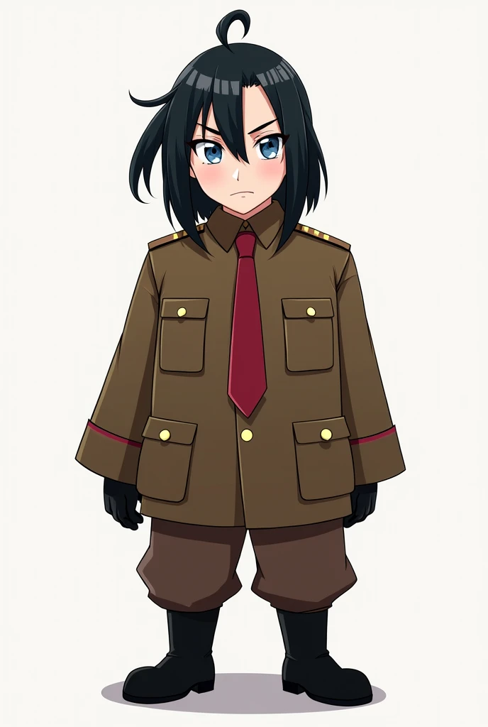 a pale man with blue eyes and shoulder-length black hair with a single fringe in the center of his head while half of his hair is tied in a ponytail wearing a brown military uniform with a red tie at the collar, brown pants, black boots and black gloves in...