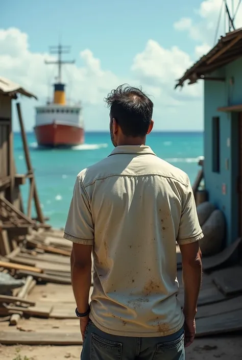 Puerto Rican man with a white polo shirt in poor condition thinking about his back situation