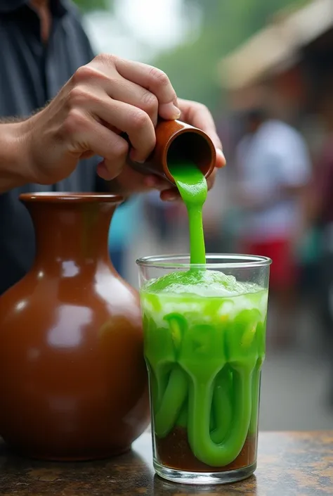 Indonesians Ice Dawet Ayu, taking the Ice Dawet from his brown jug with scoop and putting it into a glass (the colour of dawet is green and its shape similar to worms, and the condiments are coconut milk and liquid palm sugar)