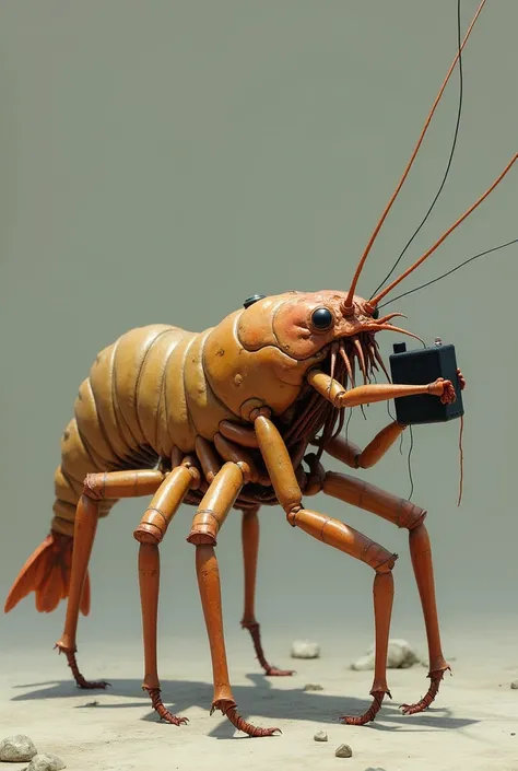 A shrimp-like creature. Hauling itself with two massive forelegs while four others on the abdomen hurried along behind and two thin arms near its face manipulated a small black box.