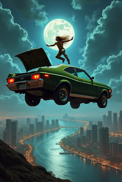 An Argentinian military green Ford Falcon model 1978 flying in the air with the trunk open,  a long-haired hippie jumping from inside his trunk ,  in the abyss a city at night and a great river of heavenly and white waters, In the sky storm clouds rays and...