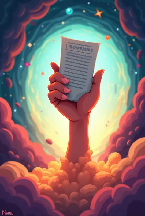 Give me a hand poking out of a time portal holding a sheet of paper in an animated cartoon 