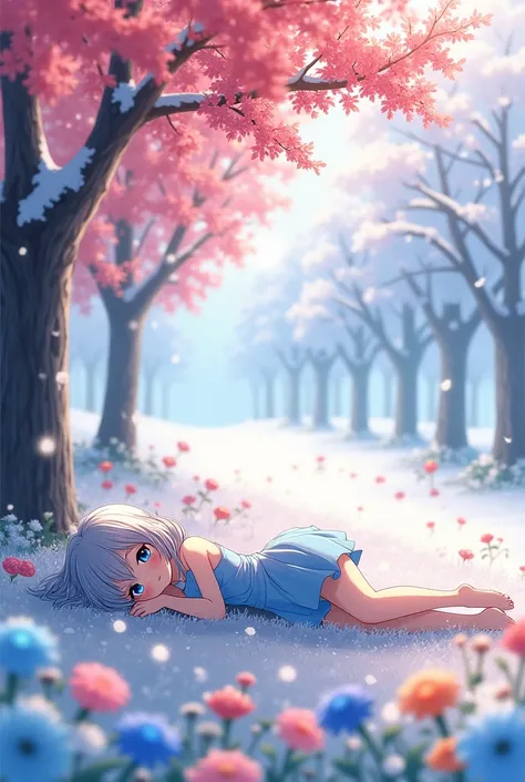 "An enchanting anime-style illustration blending the serenity of winter and the vibrance of spring. A character with silver hair and radiant blue eyes rests gracefully in a snowy forest. The scene features snow-covered trees adorned with vivid red blossoms...