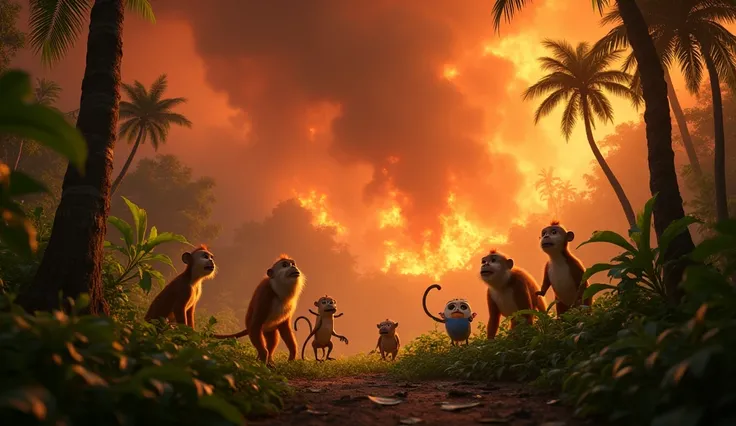  A lush Amazonian rainforest that begins to burn ,  while smoke from the fires begins to darken the background, showing frightened animals fleeing .,  Disney Pixar style 3d.