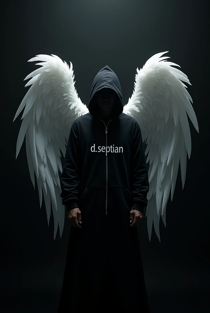 (6 inch display), cool guy, inscription "D. Septian", wings like an angel, black background,