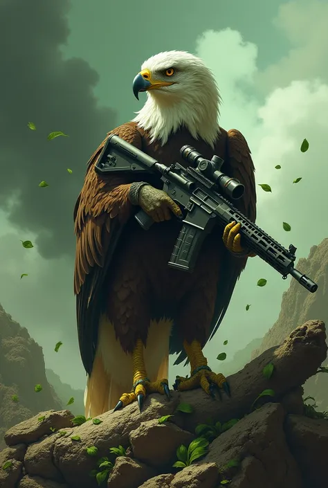 An eagle holding a rifle and green leaves behind the destroyed planet Earth 