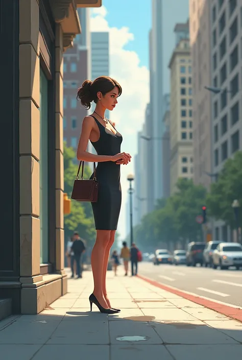 Woman waiting on the sidewalk ,  she is facing the right in the middle plane ,  looking at her wrist watch with her arm at waist level, She is dressed elegantly ,  in the background you can see buildings.