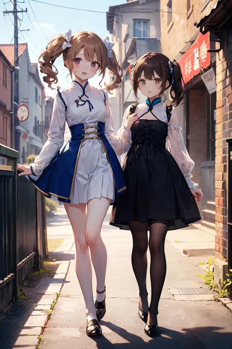 （  walking hand in hand ）、4K、woman、 2 people 、   short 、  small breasts, curled twin tails 、 realistic 、  skinny、((Medieval dress))、((  Kind Face ))、  stockings、、  open your mouth 、  brown hair、 Full Body Wide Angle Shot   、(((母と幼い女の子2 people ))))、 blurred...