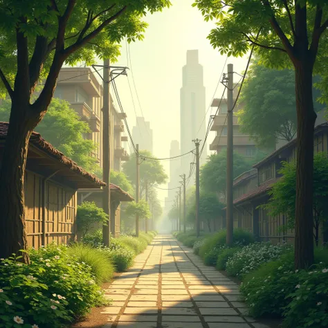 A serene morning view of an evolving urban neighborhood, where lush green trees blend harmoniously with unfinished constructions and the distant cityscape. Rays of golden sunlight filter through a light haze, creating a dreamy contrast between nature and m...