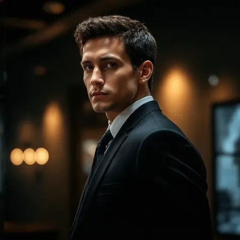 A young Caucasian man in his late 20s with short dark hair wearing a black suit and tie, standing in a dimly lit room with a window in the background Flux Style