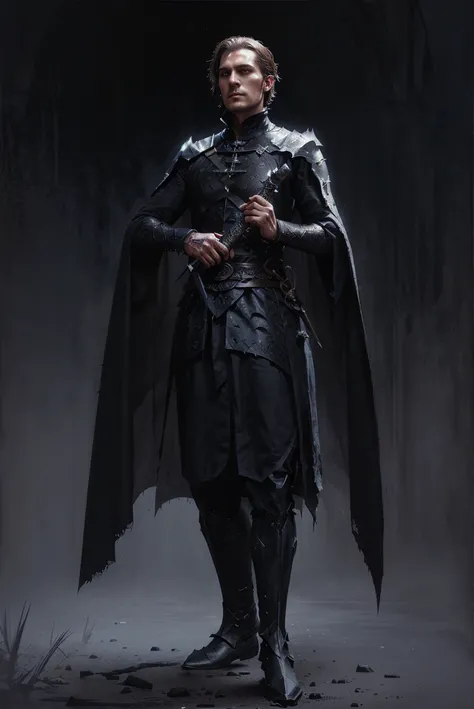  painting of a man dressed in a costume with a sword,  Dark Fantasy Art Concept,  noble male man in black robes ,  dark fantasy character design, Dark Concept Art, Mistborns steel Inquisitor,  beautiful full body concept art, Detailed full body concept art...