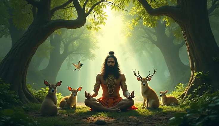 High quality HD imege Generated 4k,"Dattatreya meditates deeply in the forest, surrounded by divine energy, as animals gather peacefully near him."

