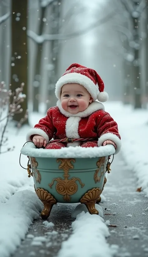 A baby dressed as Santa Claus driving an old bathtub gliding on ice on a snowy road